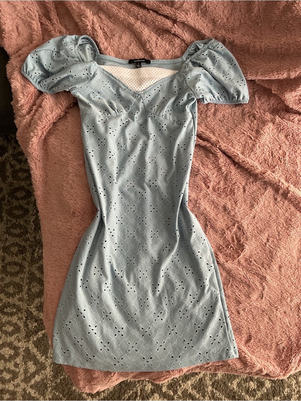 Ambiance Light Blue Eyelet Puff-Sleeve Mini Dress
